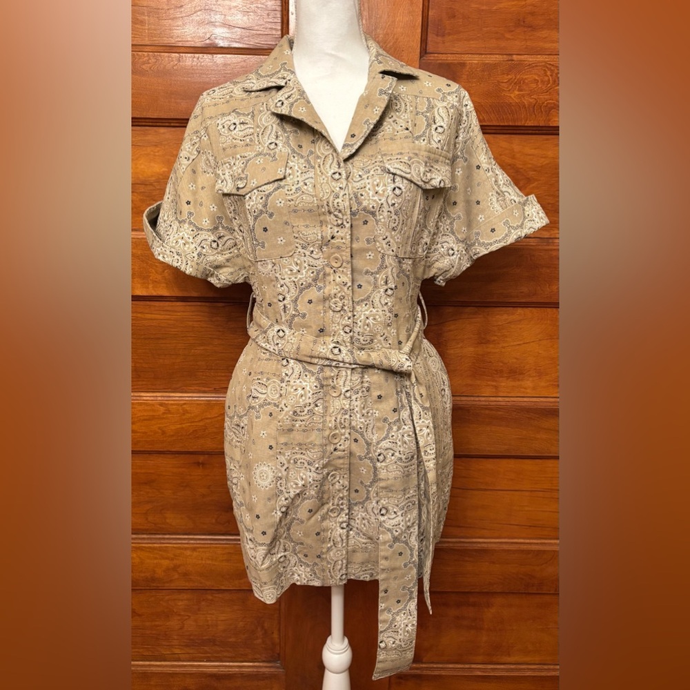 Mable beige paisley print button-down mini shirtdress